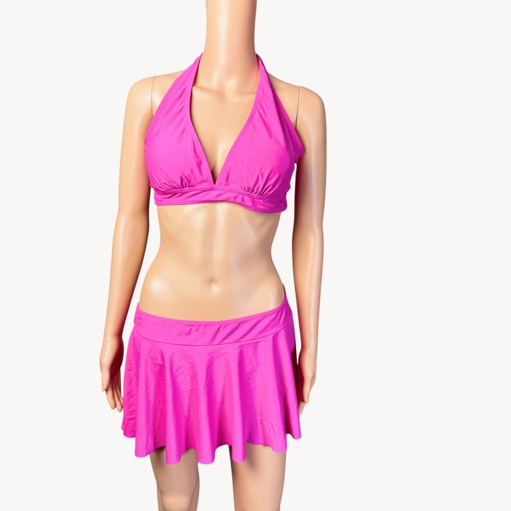 Catherine Malandrino Womens Hot Pink Halter Bikini Top & Swim Skirt Set XL